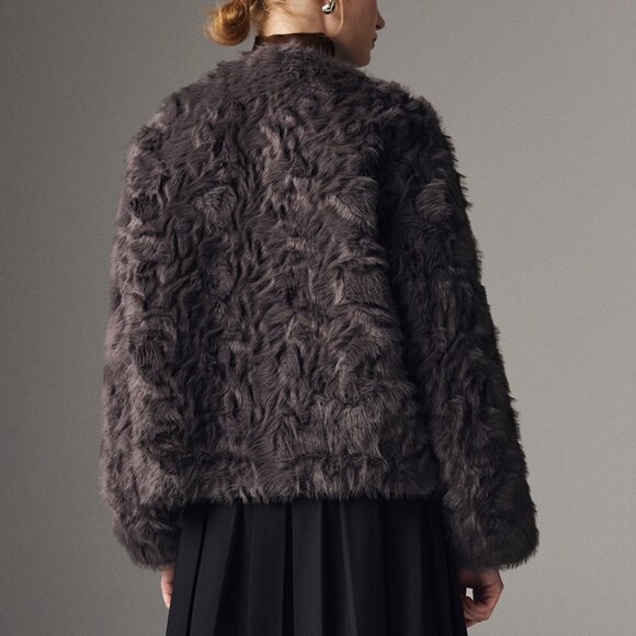 Luxury Curly Faux Fur Collarless Coat - Picture 4 of 6
